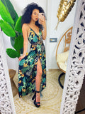 Abito in raso floreale con maxi spacco nero