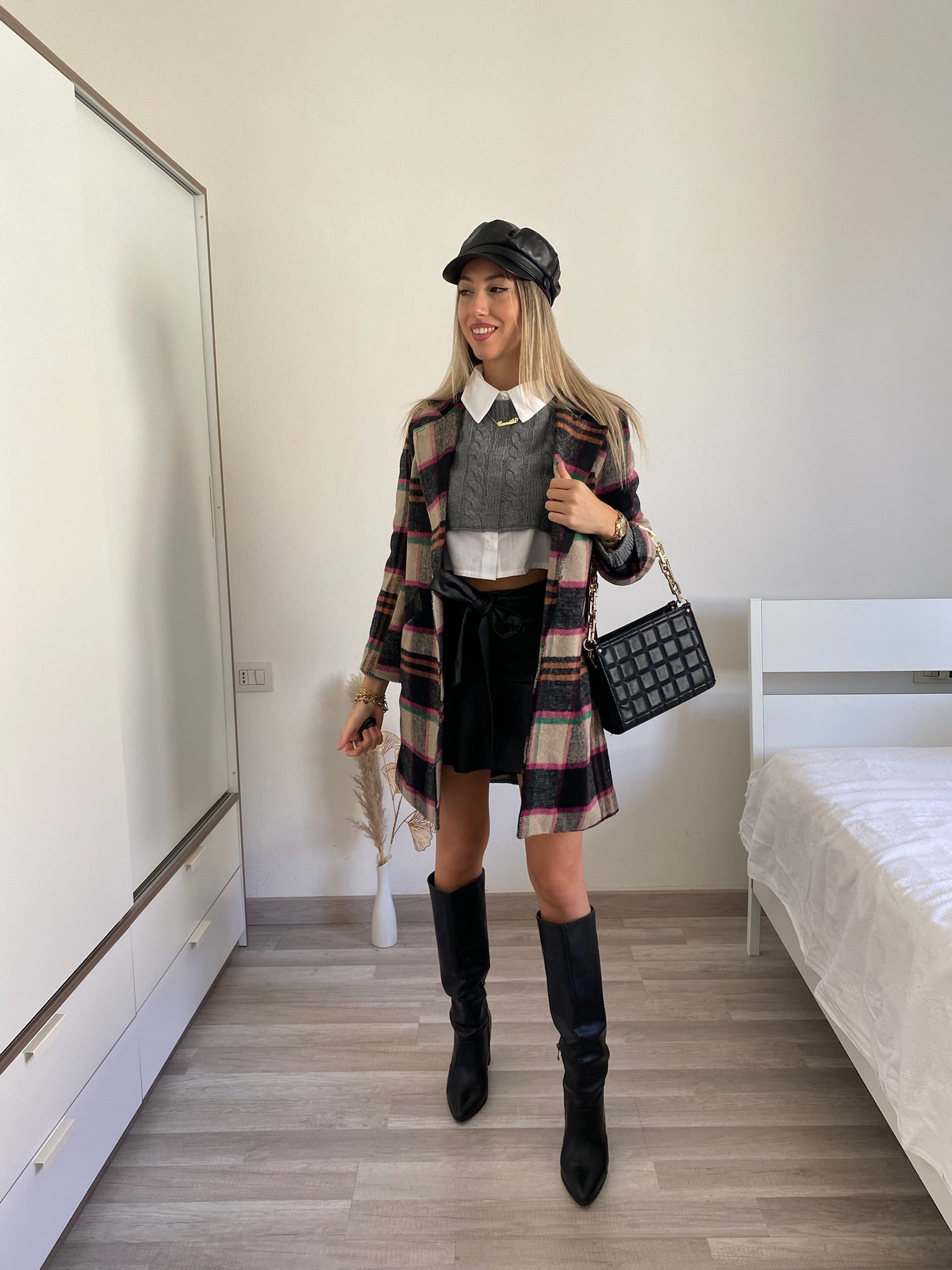 Cappotto check trama nude Fuxia