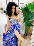 Abito maxi spacco fantasia blu