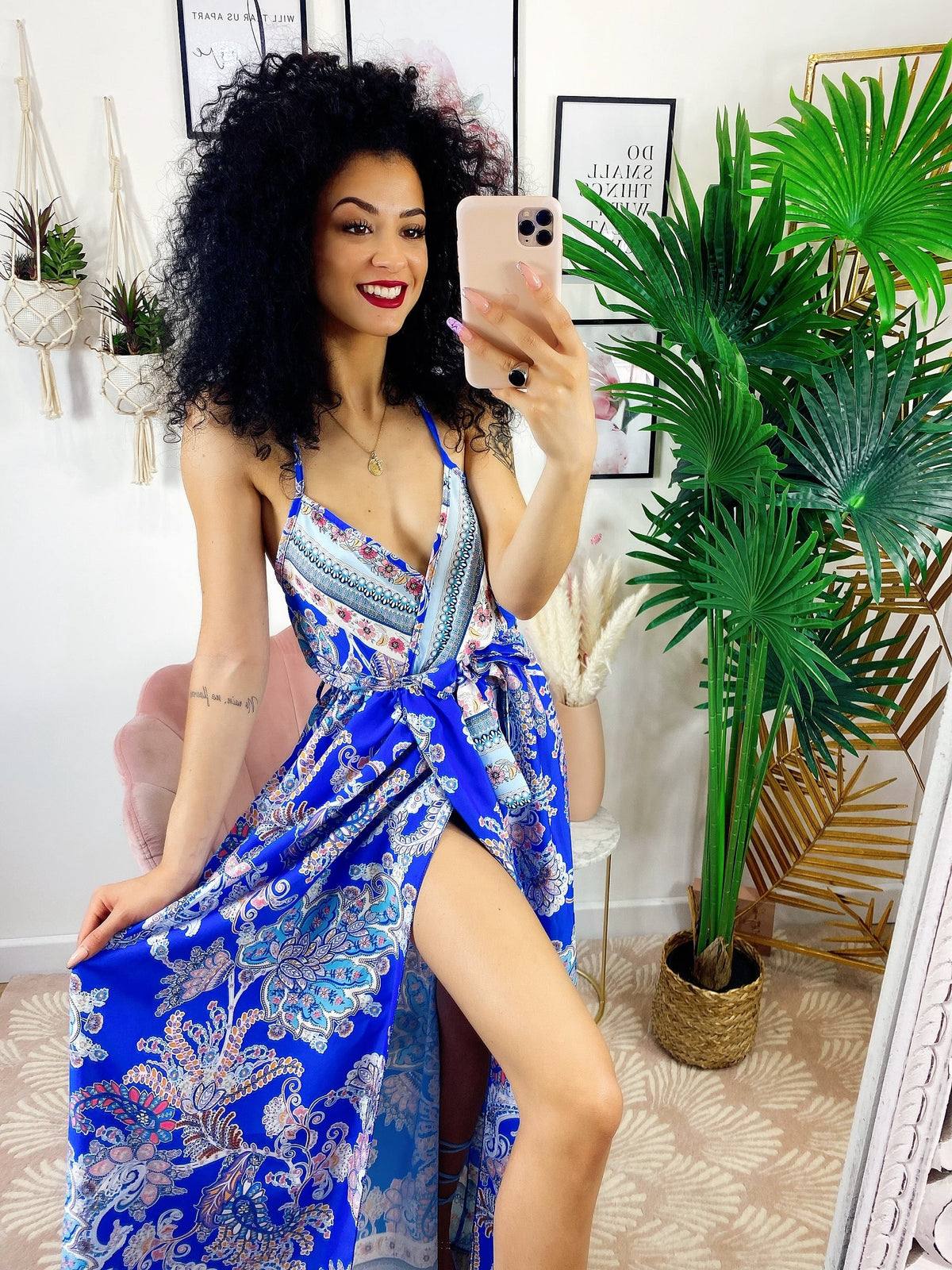 Abito maxi spacco fantasia blu