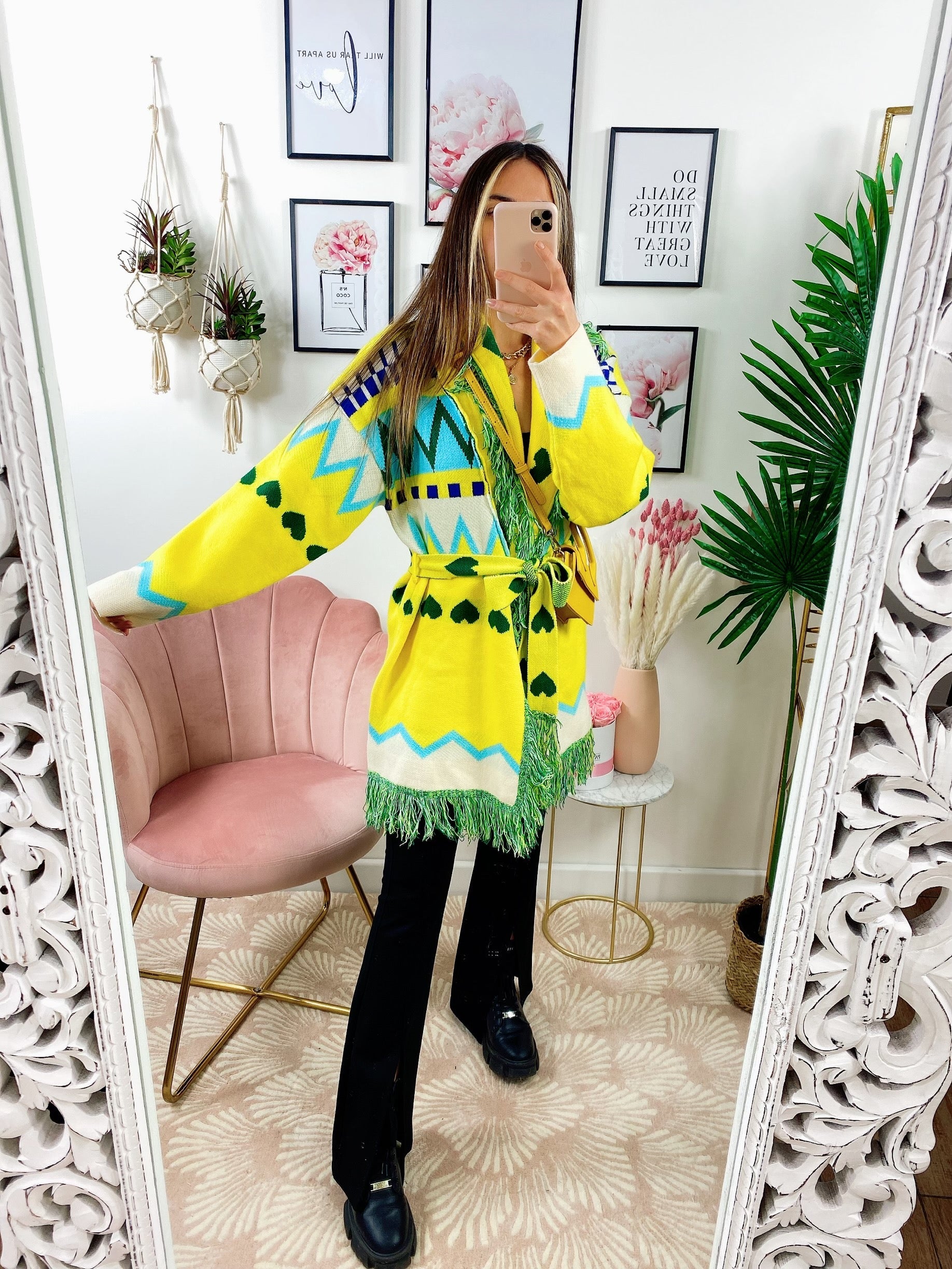 Cardigan frange e cinta giallo