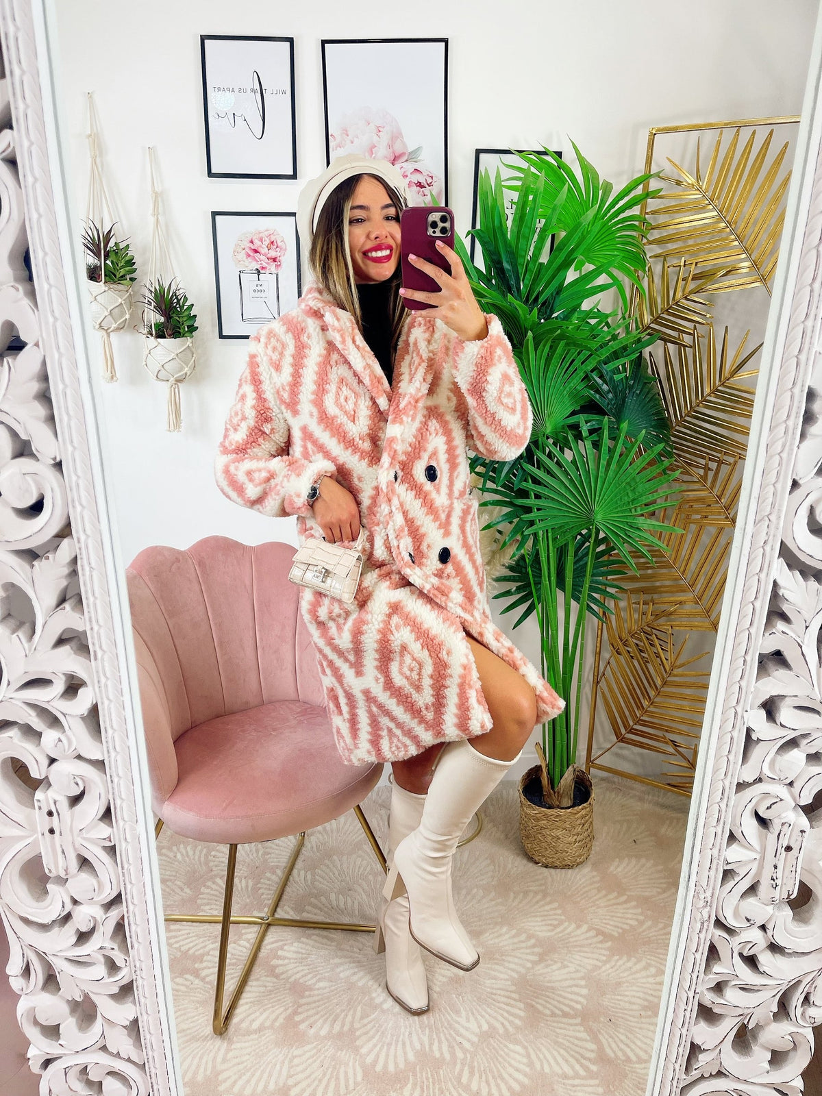 Cappotto Teddy bianco rosa