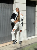 Giaccone di jeans nero pelo bianco