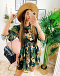 Abito manica lunga con fiori verde militare