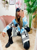 Cardigan con frange e cinta celeste