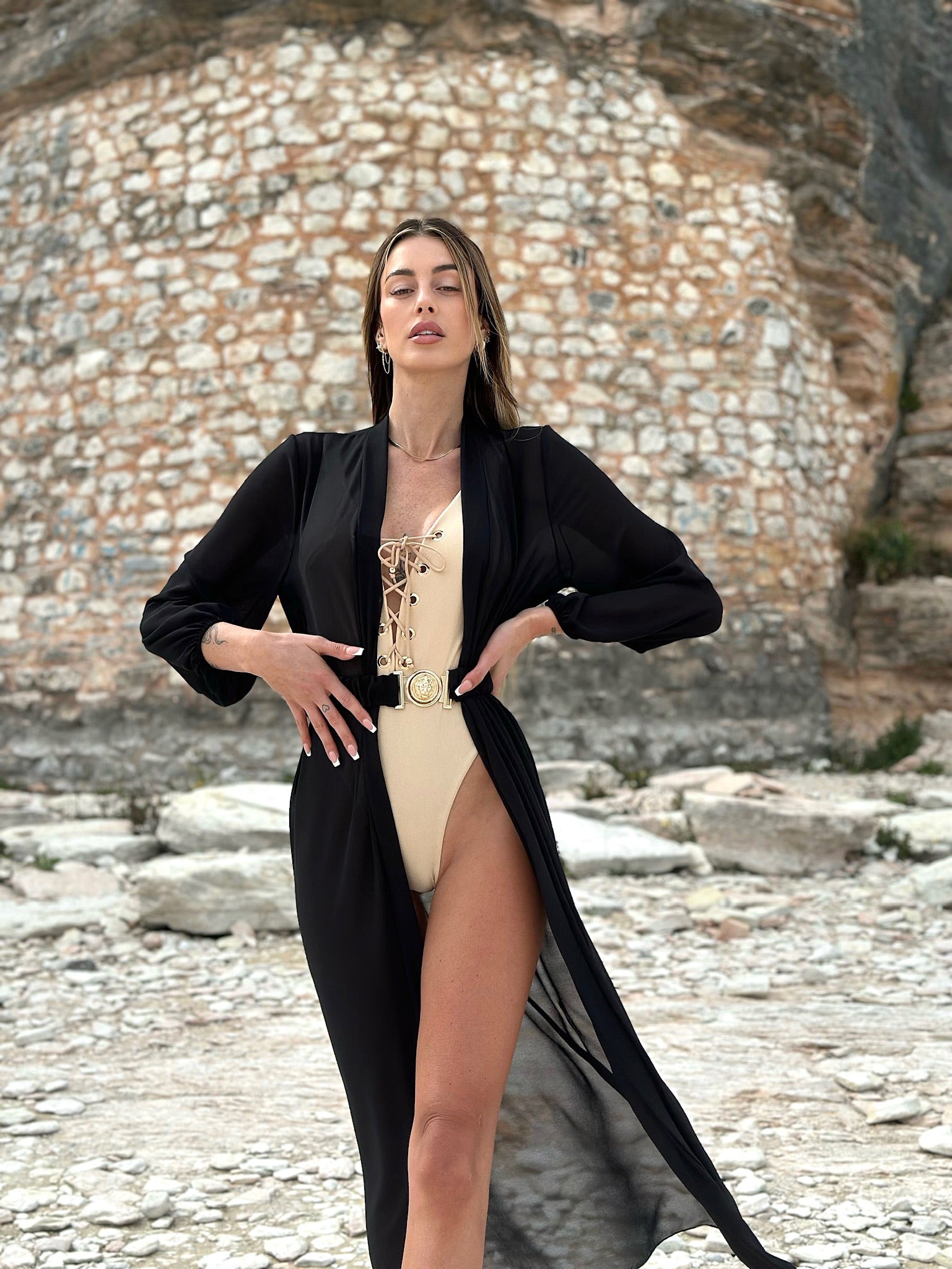 Pareo/ kimono nero con cintura oro