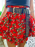 Gonna con balza e fiori asimmetrica rossa