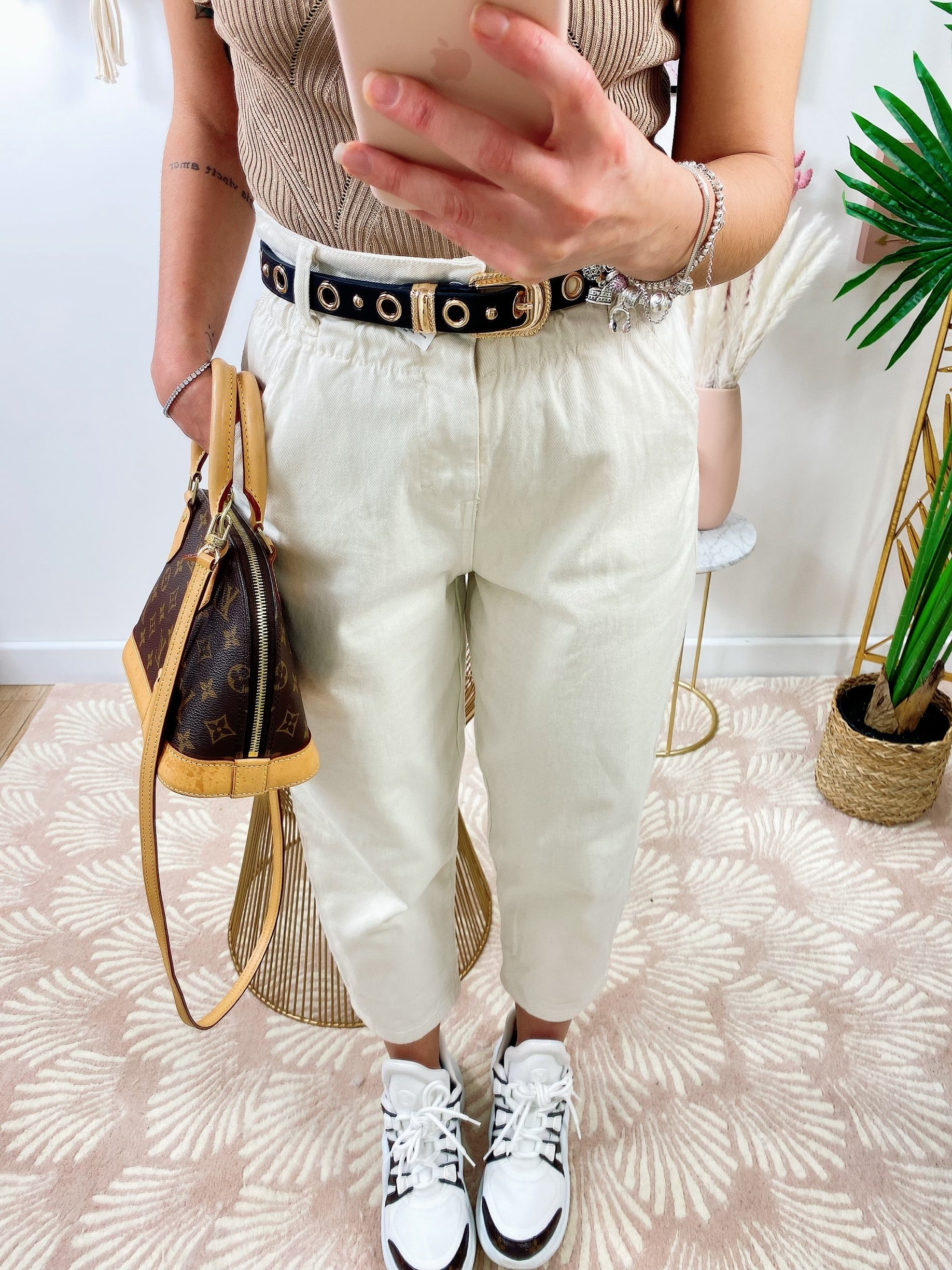 Jeans a vita alta Beige ballon