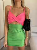 Abito bicolore verde Fuxia