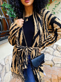 Cardigan Camel/Black con frange e cinta