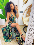 Abito in raso floreale con maxi spacco nero