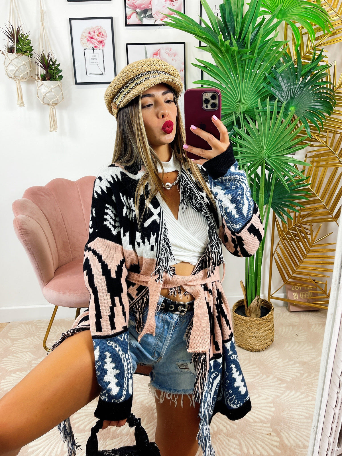 Cardigan con frange e cinta dettaglio Cipria