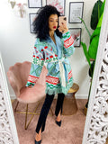 Cardigan frange e cinta celeste e verde