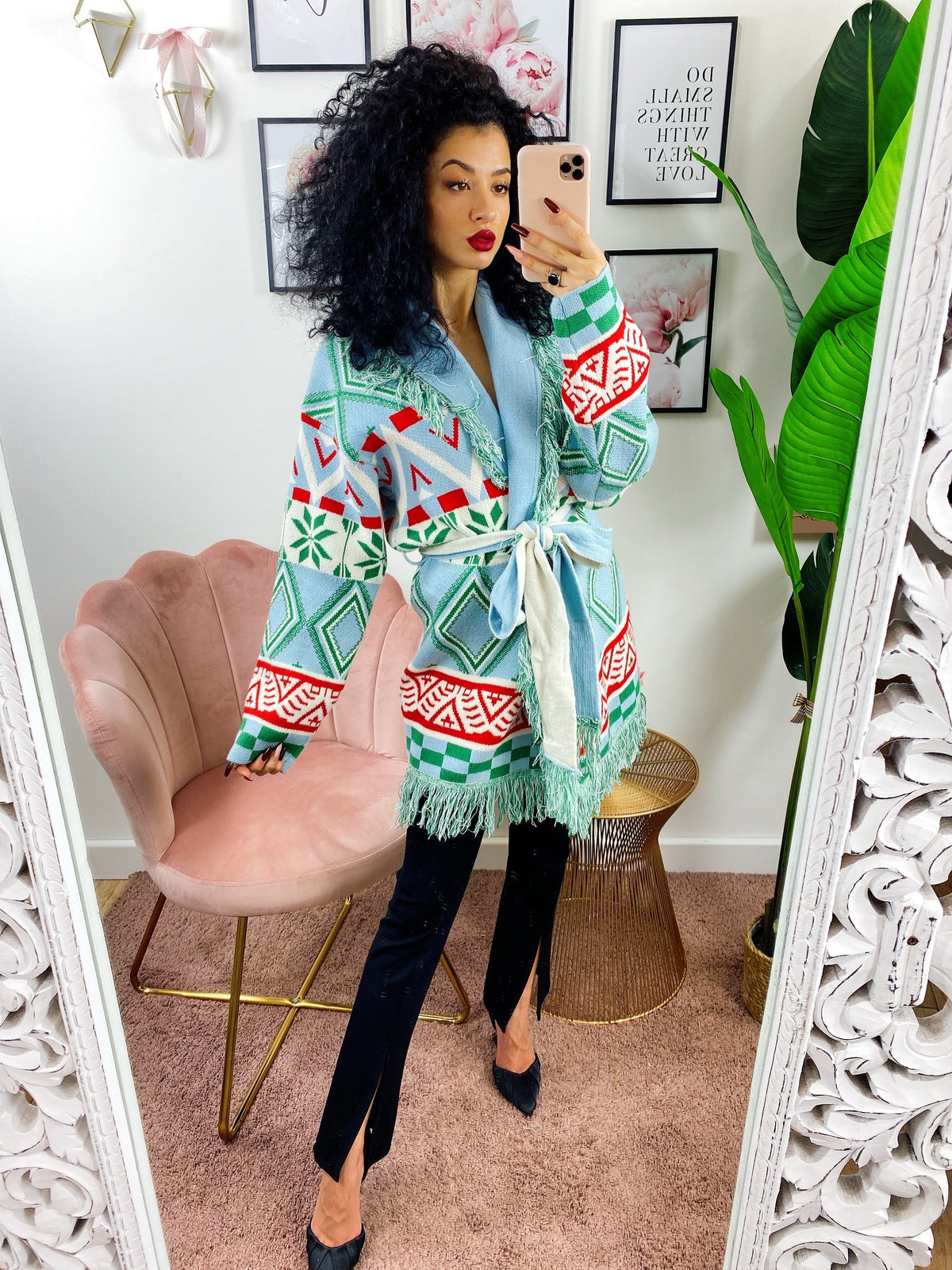 Cardigan frange e cinta celeste e verde