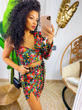 Completo top e gonna con fiori arancio base nera