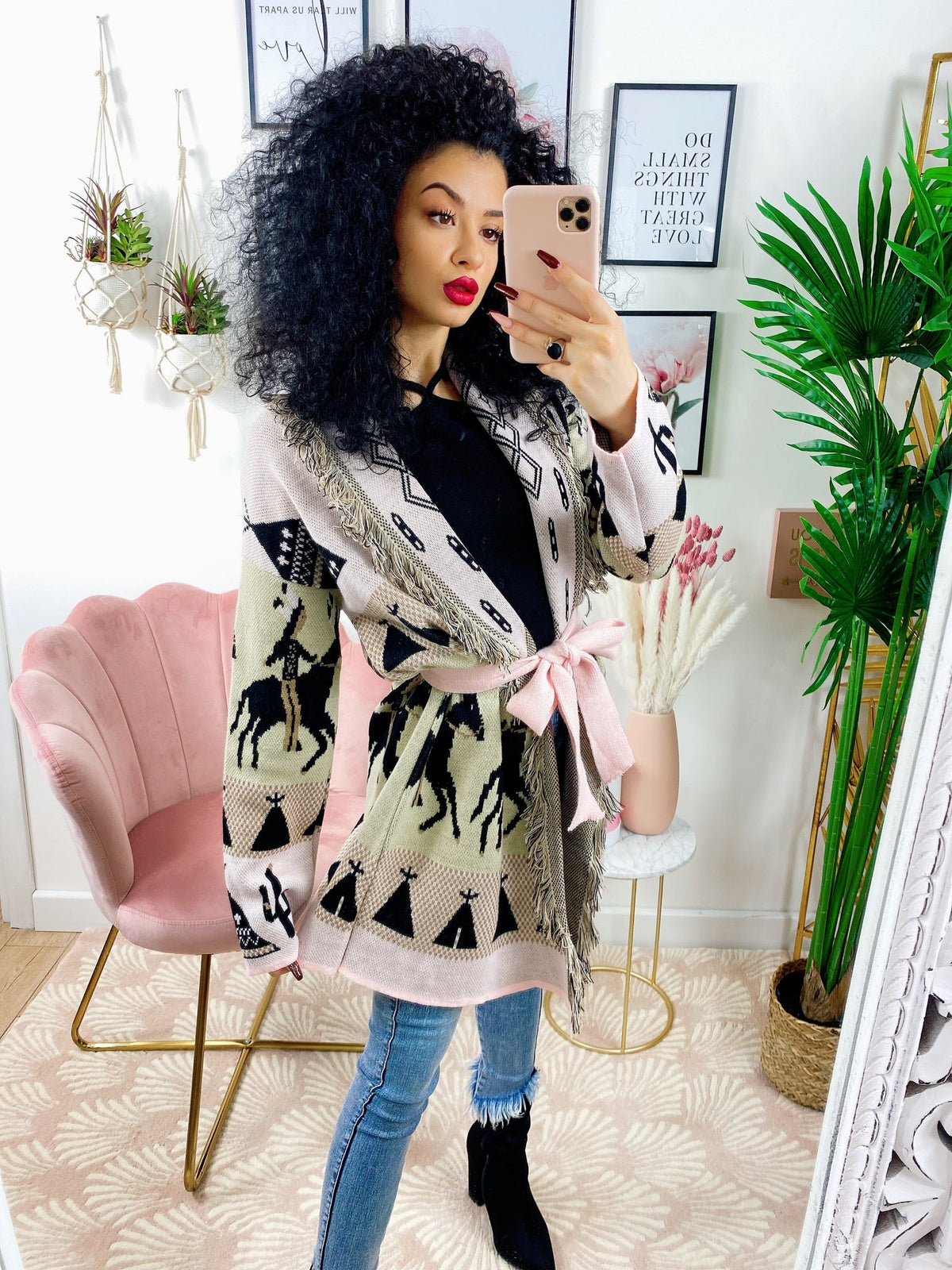 Cardigan frange e cinta con cavallo Rosa