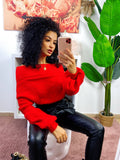 Maglione scollo a barchetta con trecce rosso
