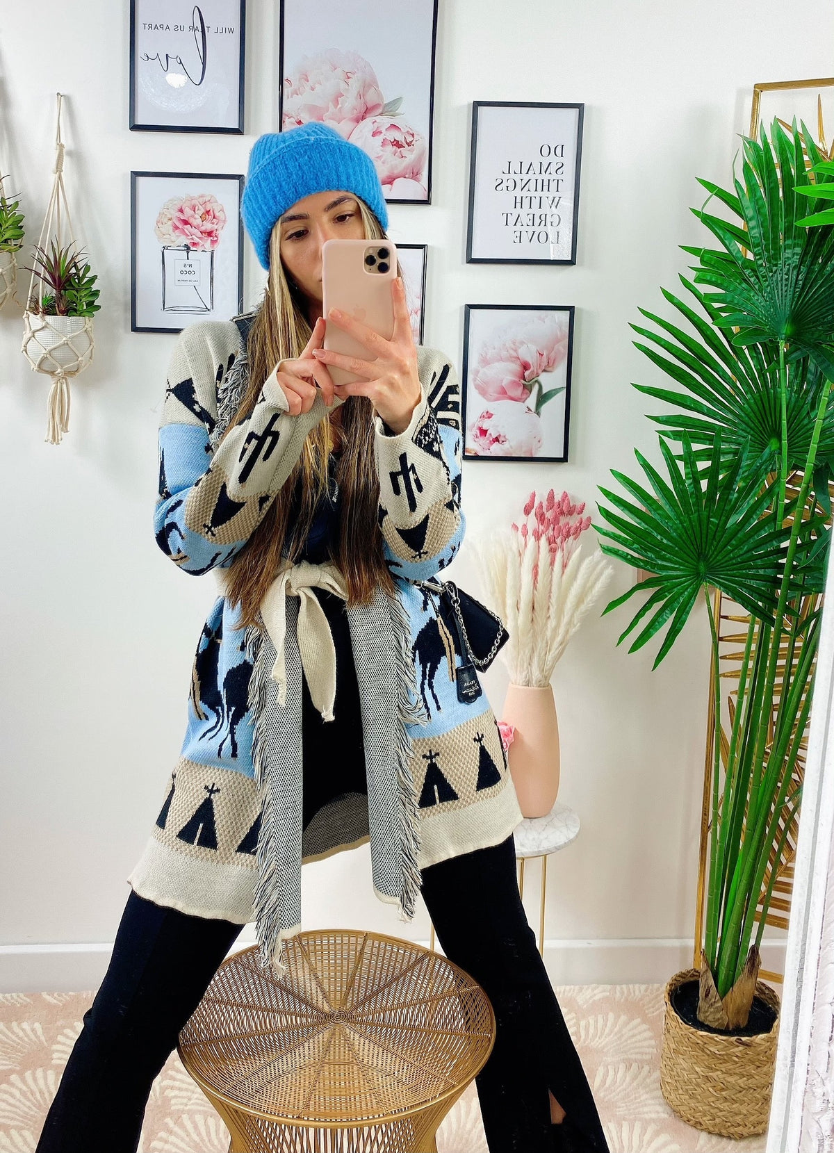 Cardigan frange e cinta con cavallo celeste
