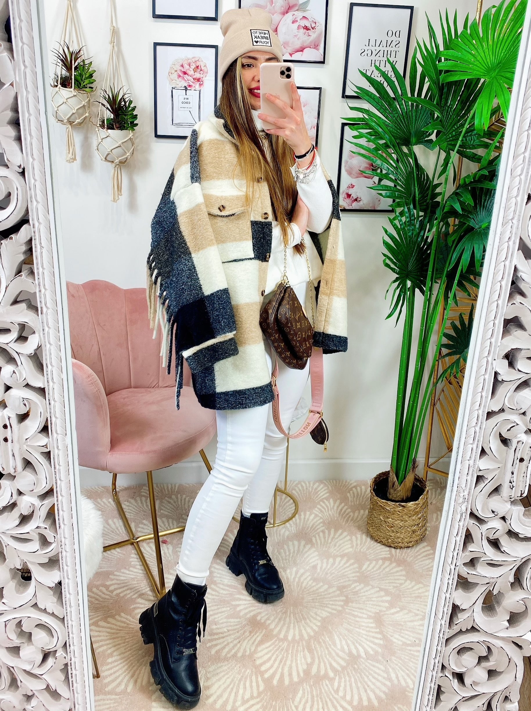 Giacca a quadri Beige con frange