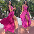 Abito in raso con maxi spacco peonia