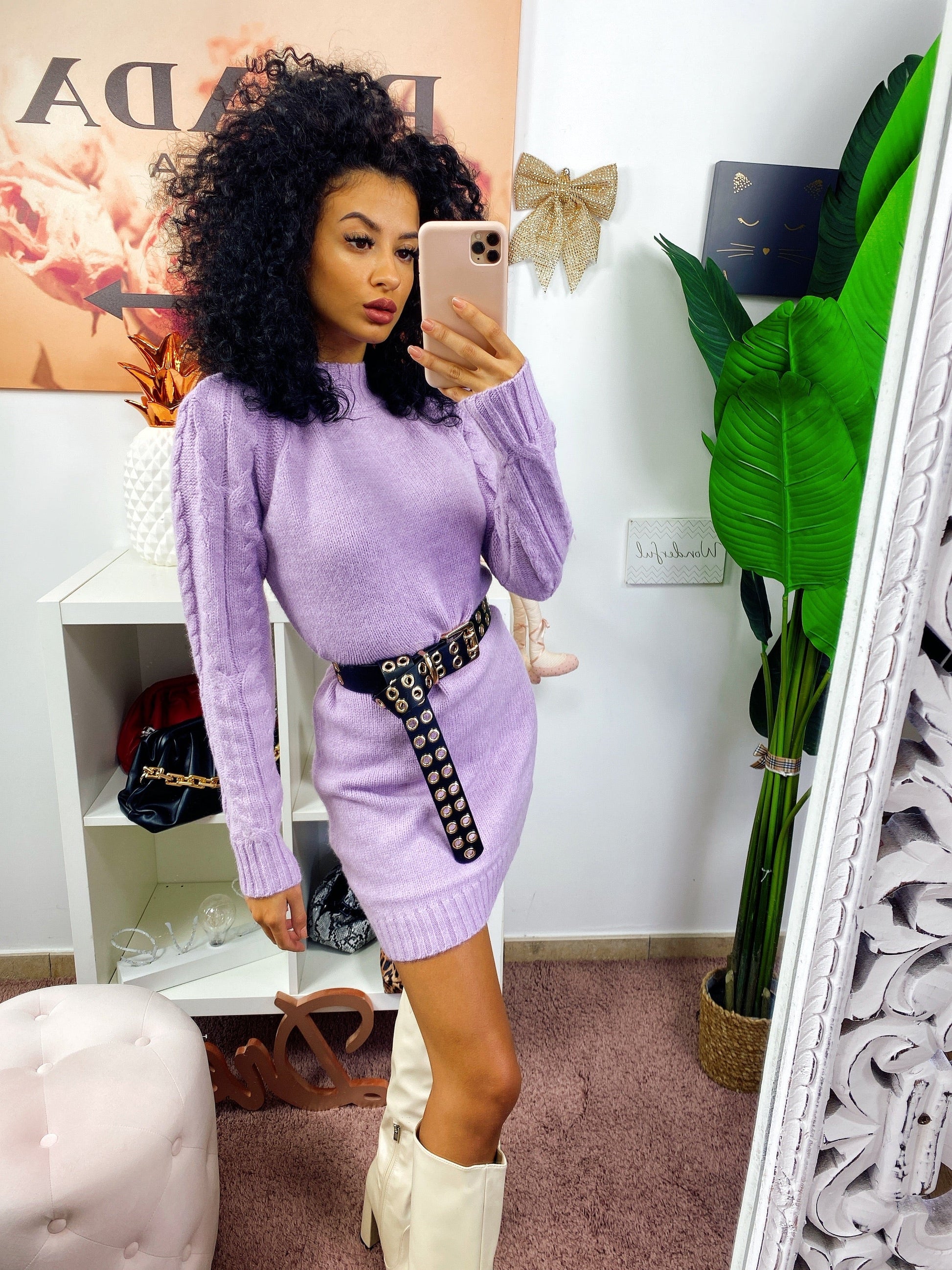 Abito in maglia con trecce e spalline Lilla