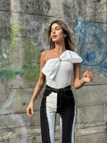 Body monospalla con fiocco bianco