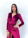 Abito lungo in velluto con maxi spacco Bordeaux