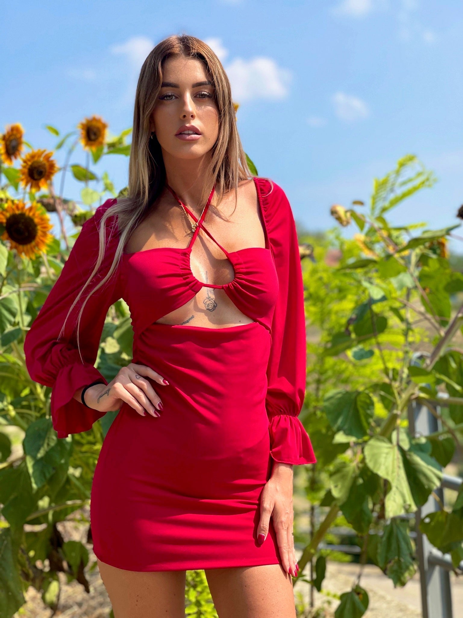 Abito rosso manica lunga con incrocio