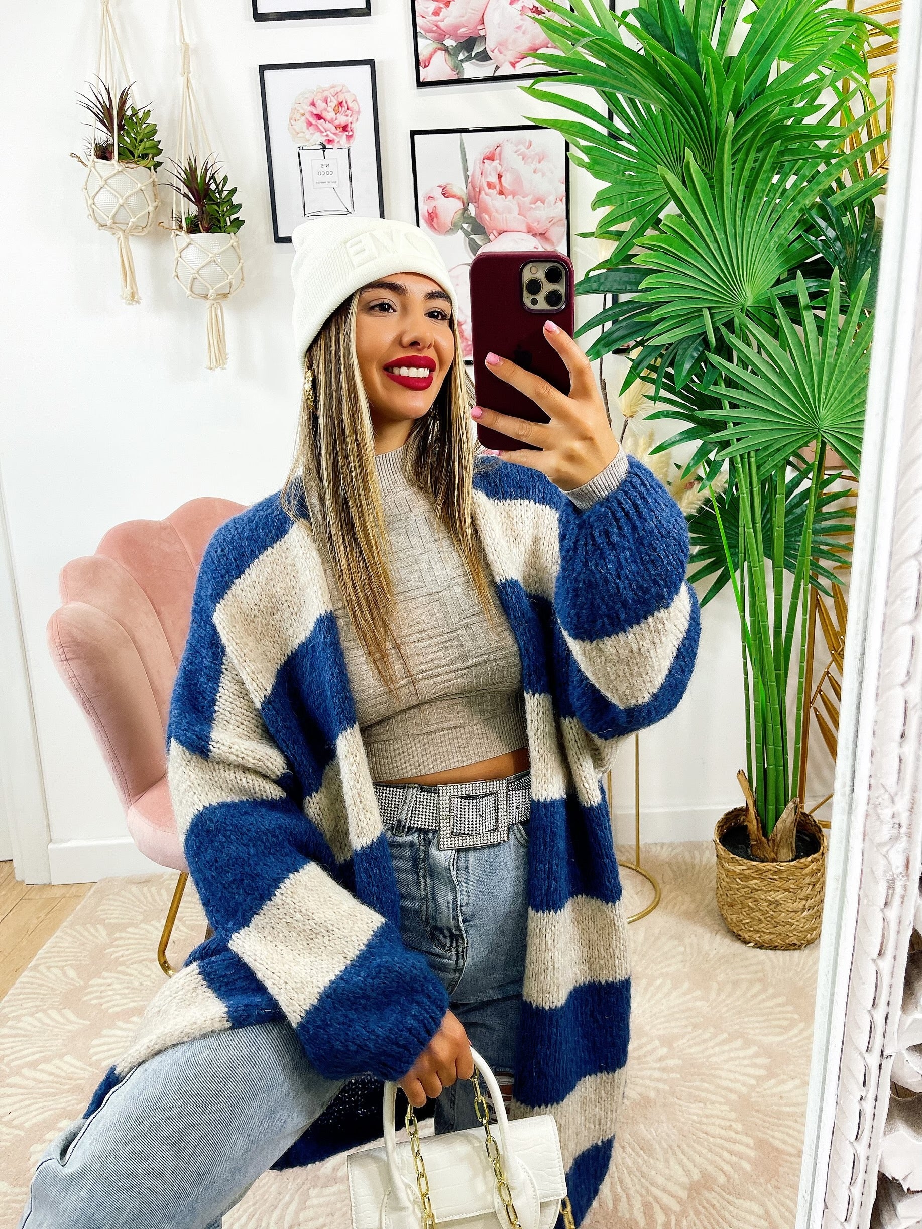 Cardigan morbido a righe blu