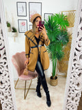 Cappotto check camel con cintura