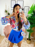 Camicia fiorata con borsetta base Celeste