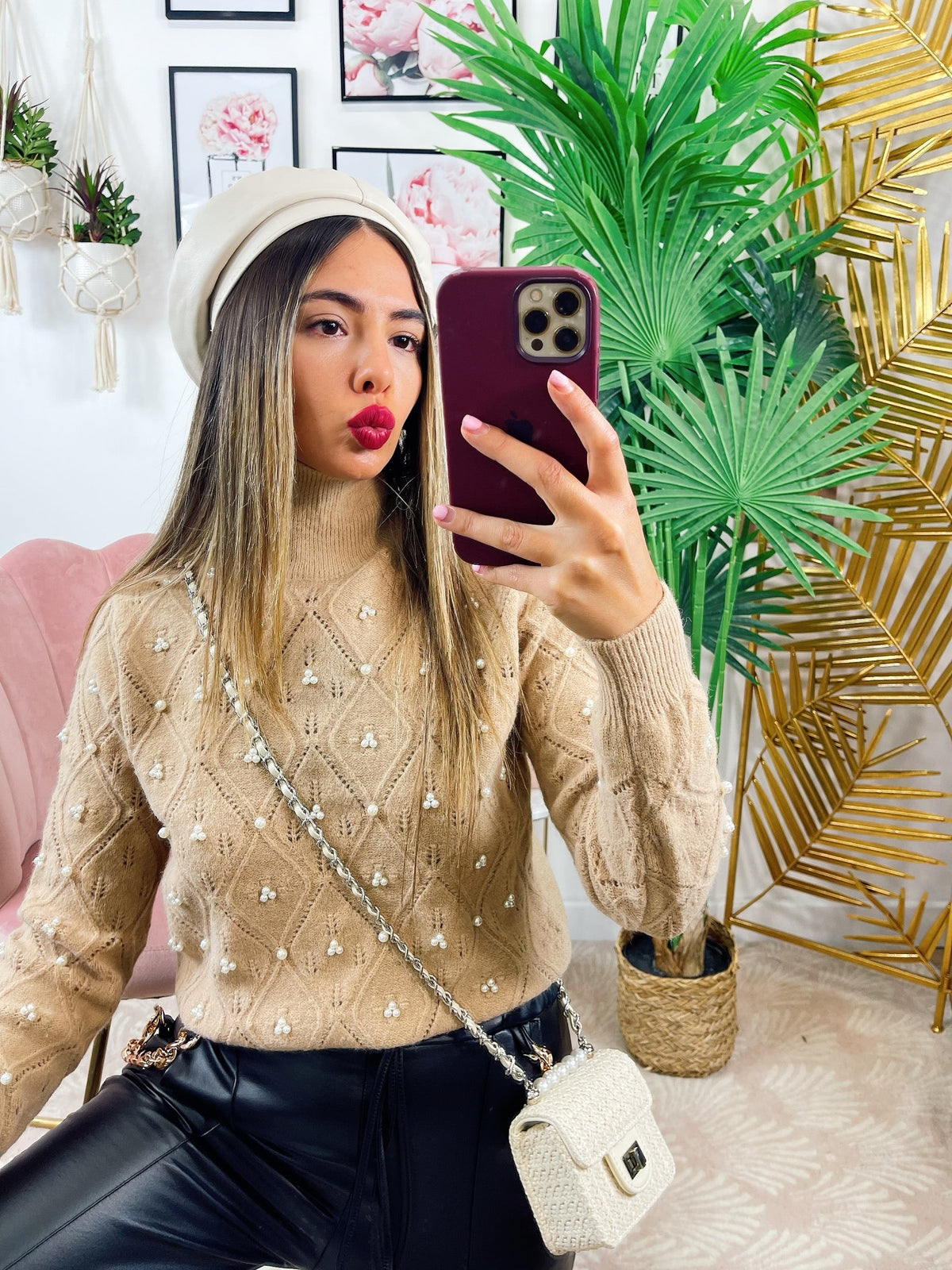 Maglione top quality con perle camel