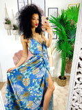 Abito in raso floreale con maxi spacco celeste