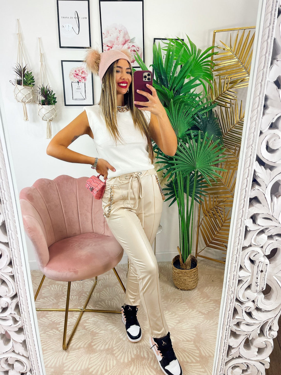 Leggins in eco-pelle con catene beige