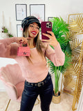 Maglione con scollo a u con perle rosa