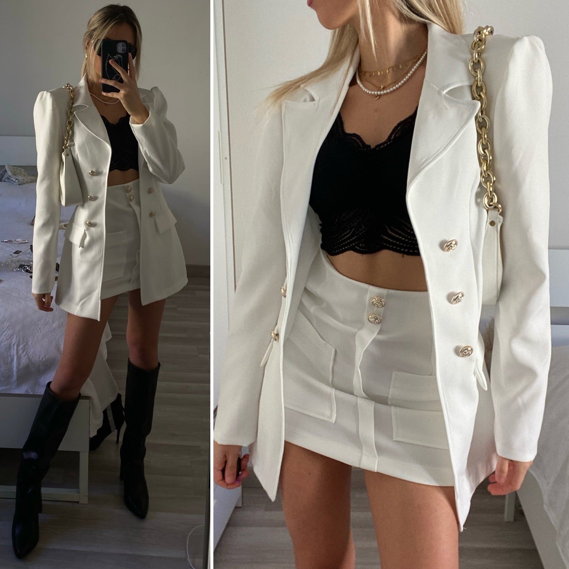 Completo giacca e gonna bottoni oro bianco