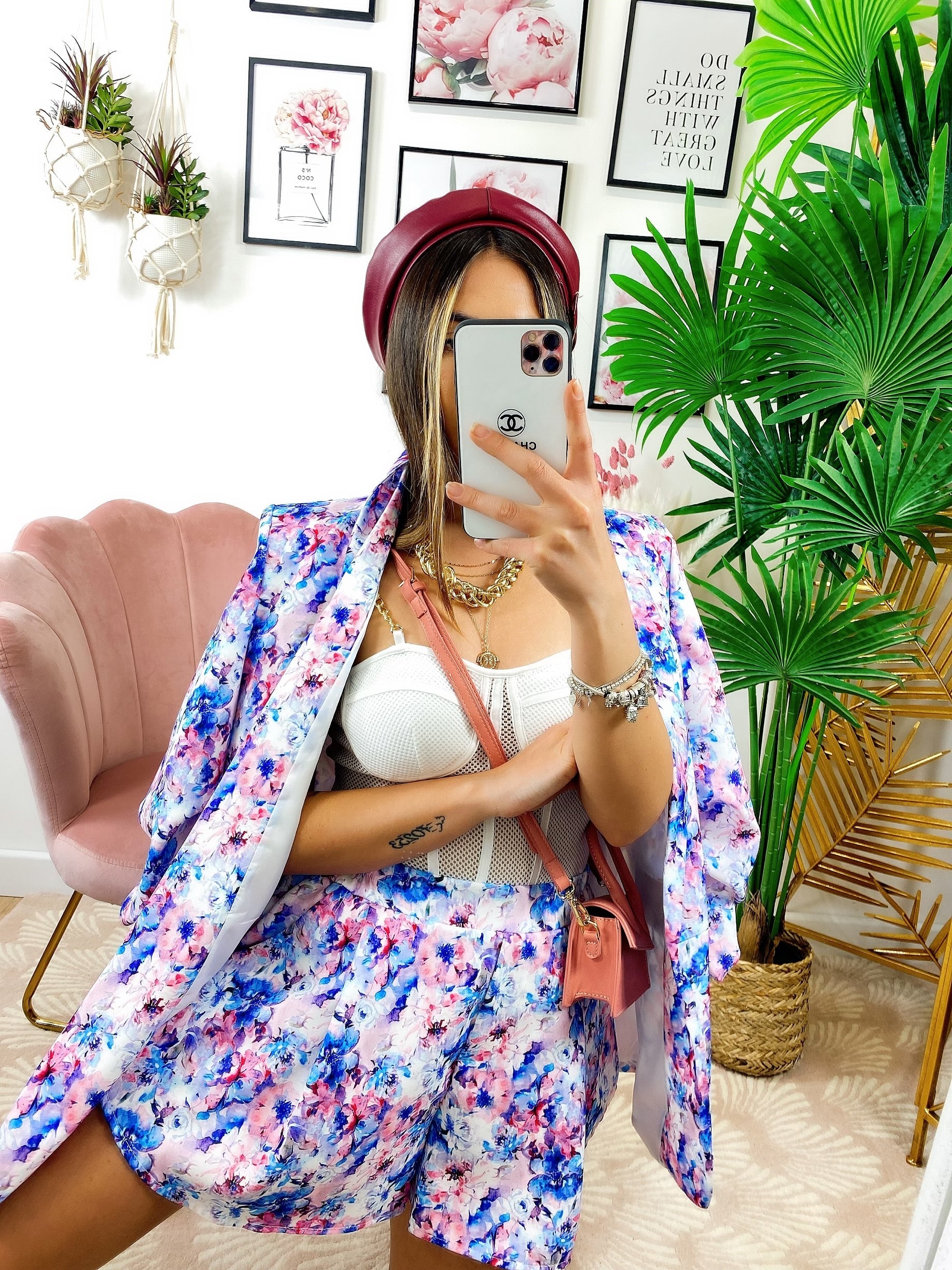 Completo Giacca e Short fiori celesti