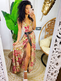 Abito in raso floreale con maxi spacco nude