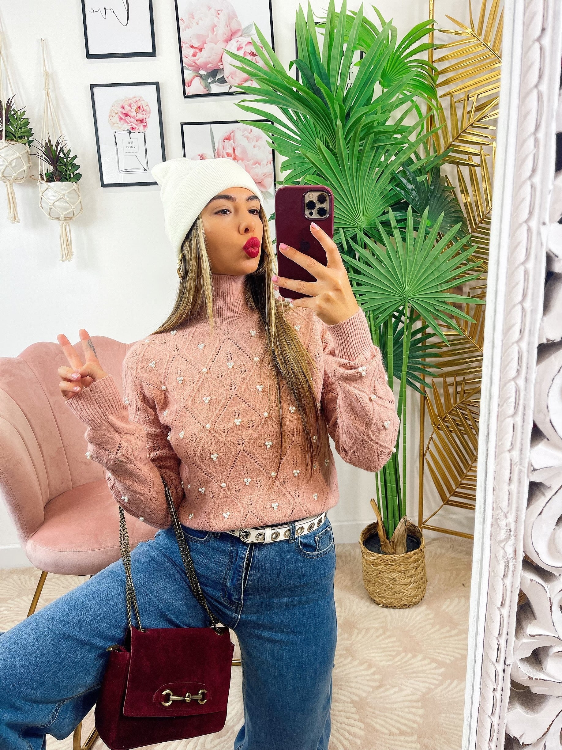 Maglione top quality con perle rosa