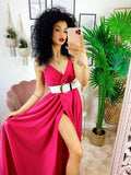 Abito in raso con maxi spacco fuxia