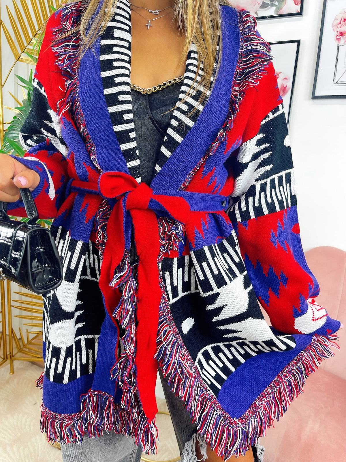 Cardigan con frange rosso blu