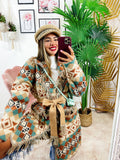 Cardigan lungo con frange colori tenui dettaglio verdeacqua