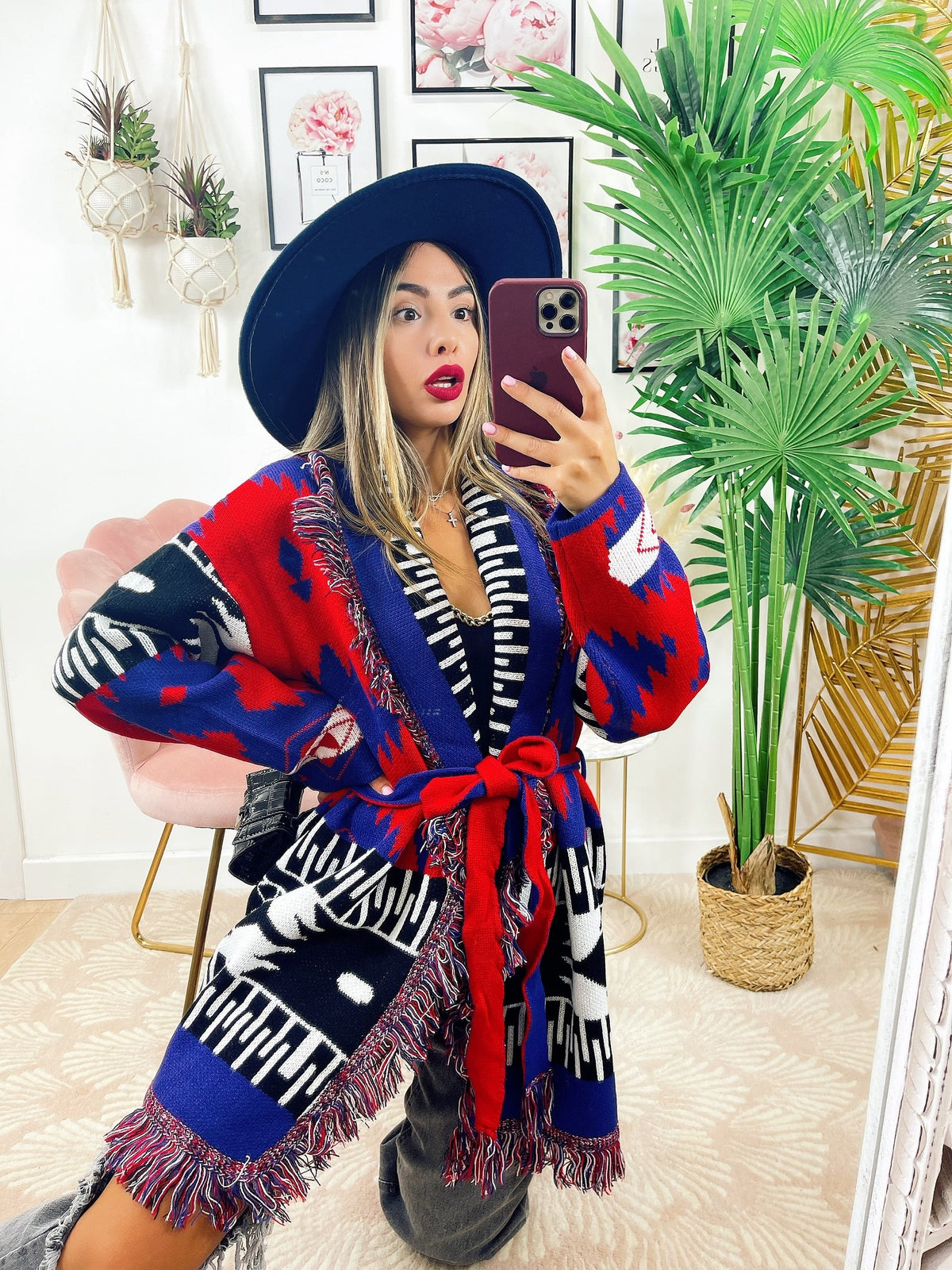 Cardigan con frange rosso blu