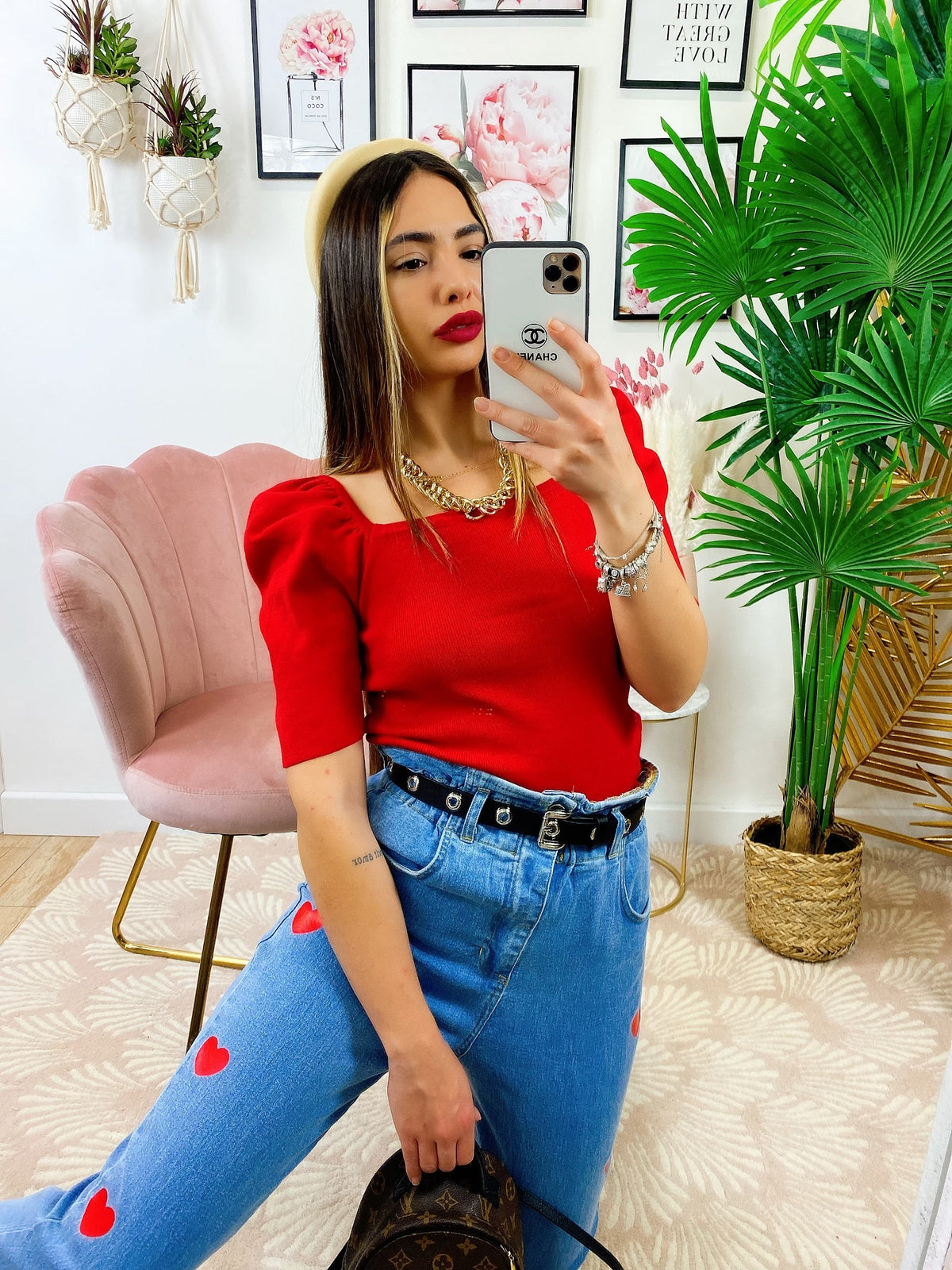 Top con spalline bombate Rosso