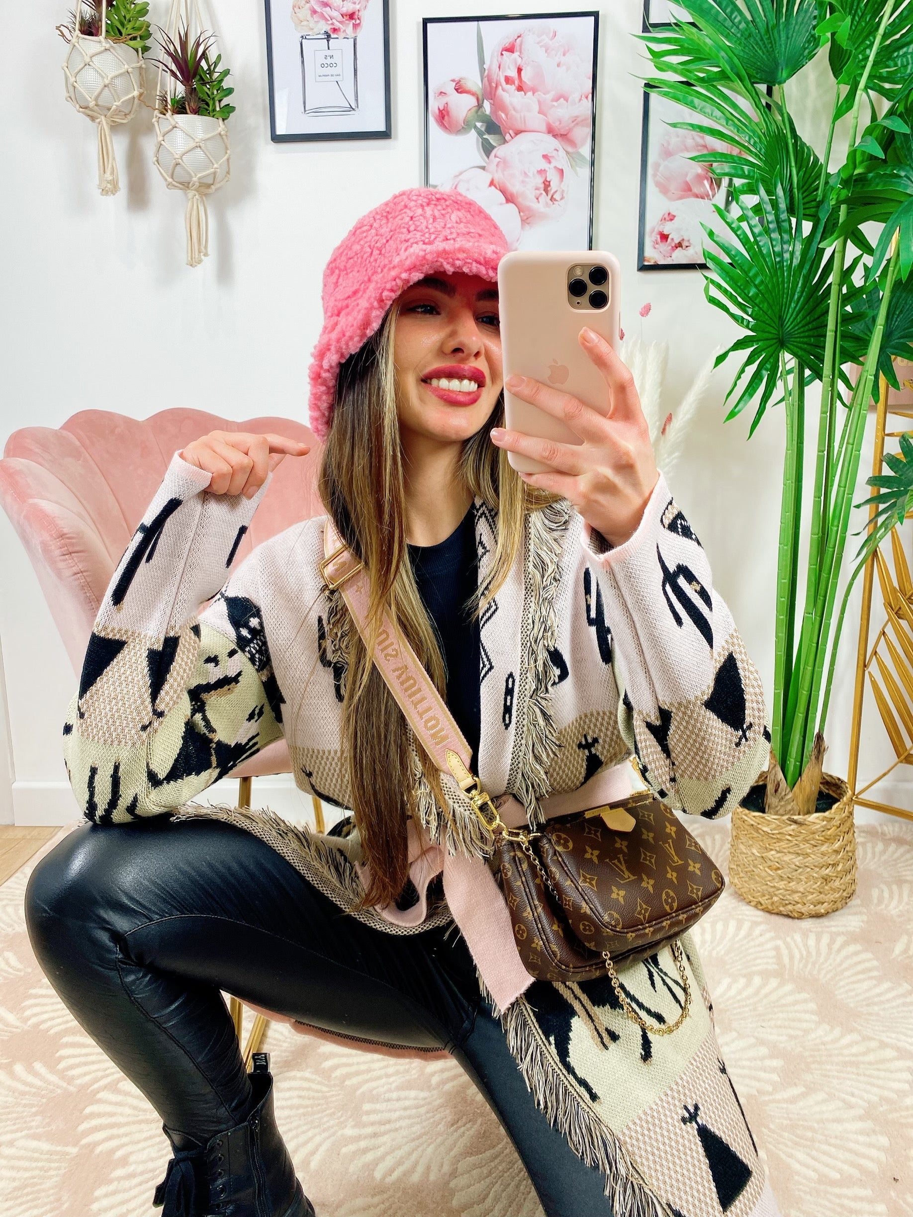 Cardigan frange e cinta con cavallo Rosa