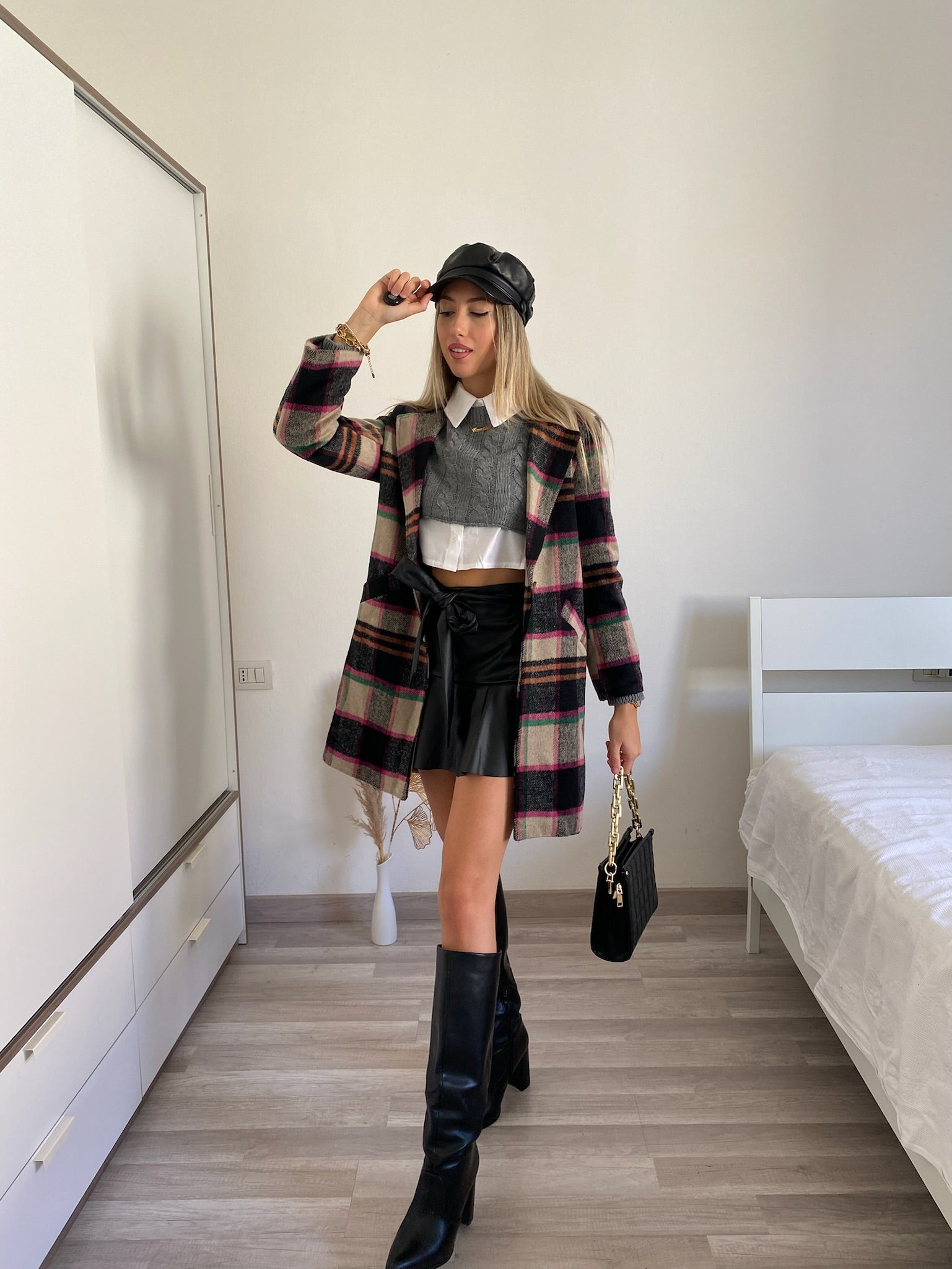 Cappotto check trama nude Fuxia