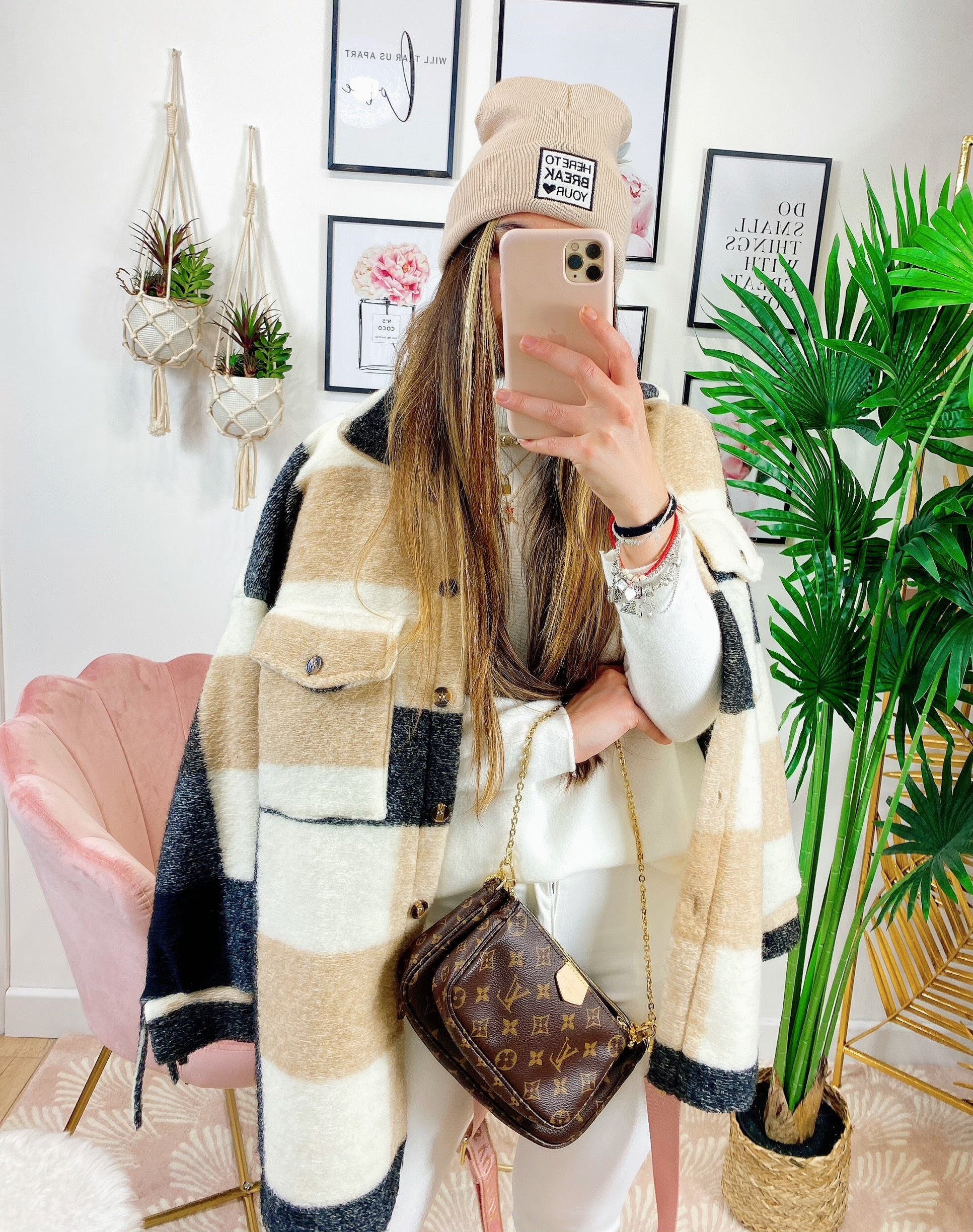 Giacca a quadri Beige con frange