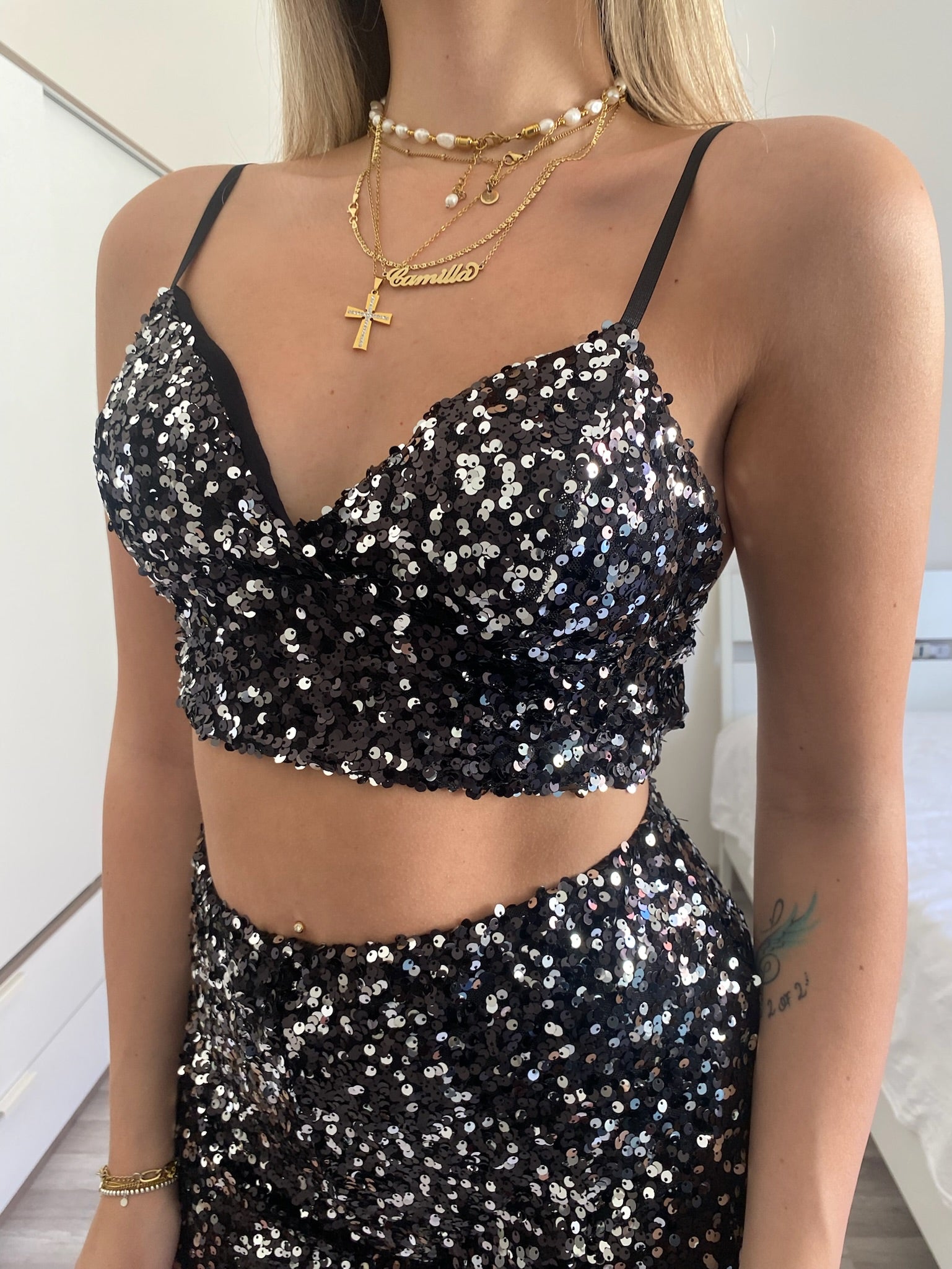 Completo top e short paillettes nero argento