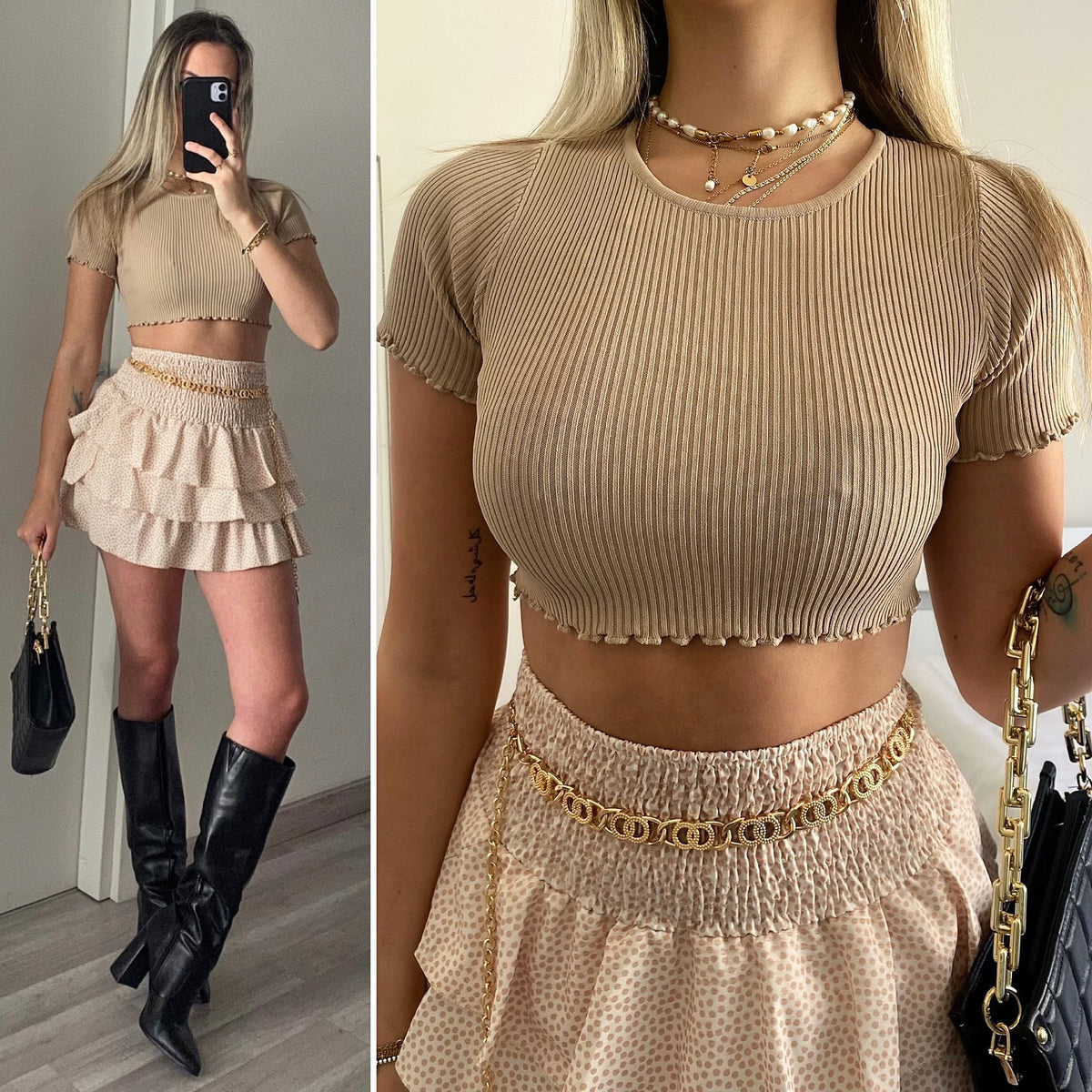 Top crop nude manica corta