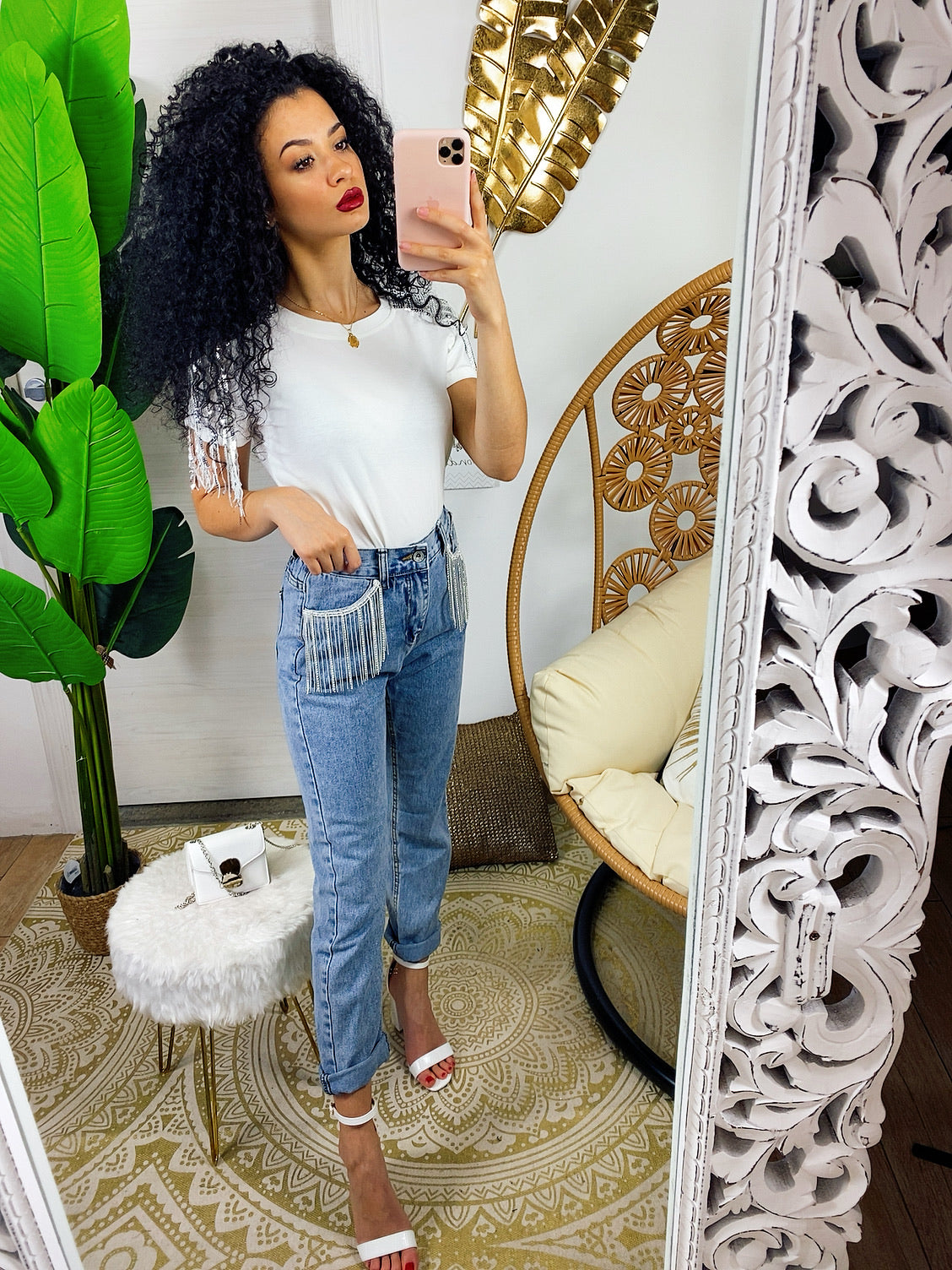 T-shirt bianca con frange argento
